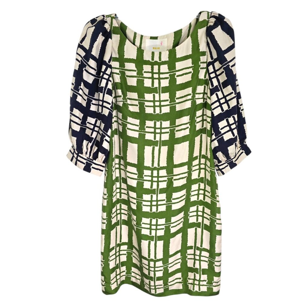Maeve Anthropologie Womens Green Broken Block Silk Shift Dress 3/4 Sleeve Size 2